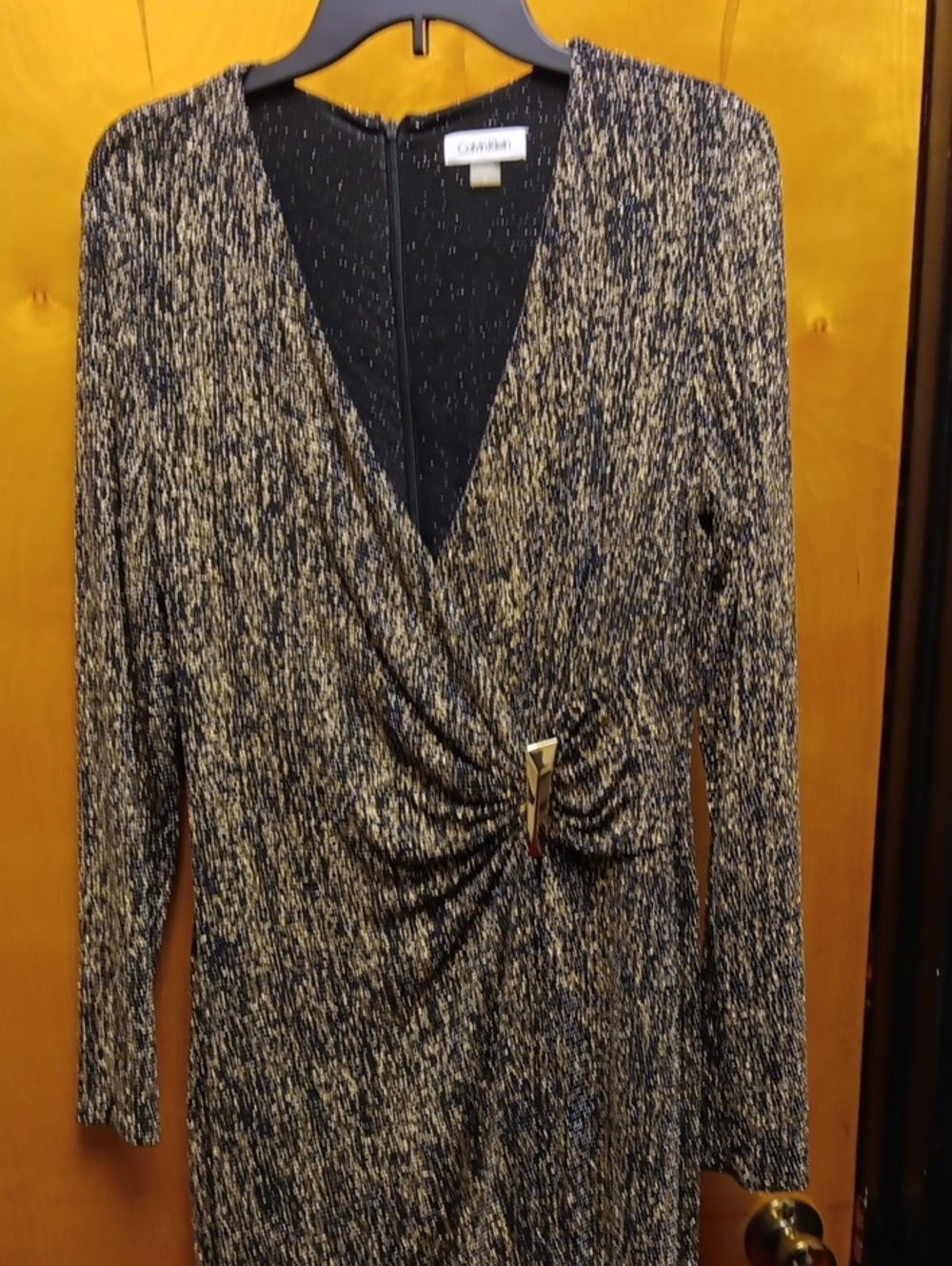 Calvin Klein Black and Gold Metallic Twist-Front Long Sleeve Dress